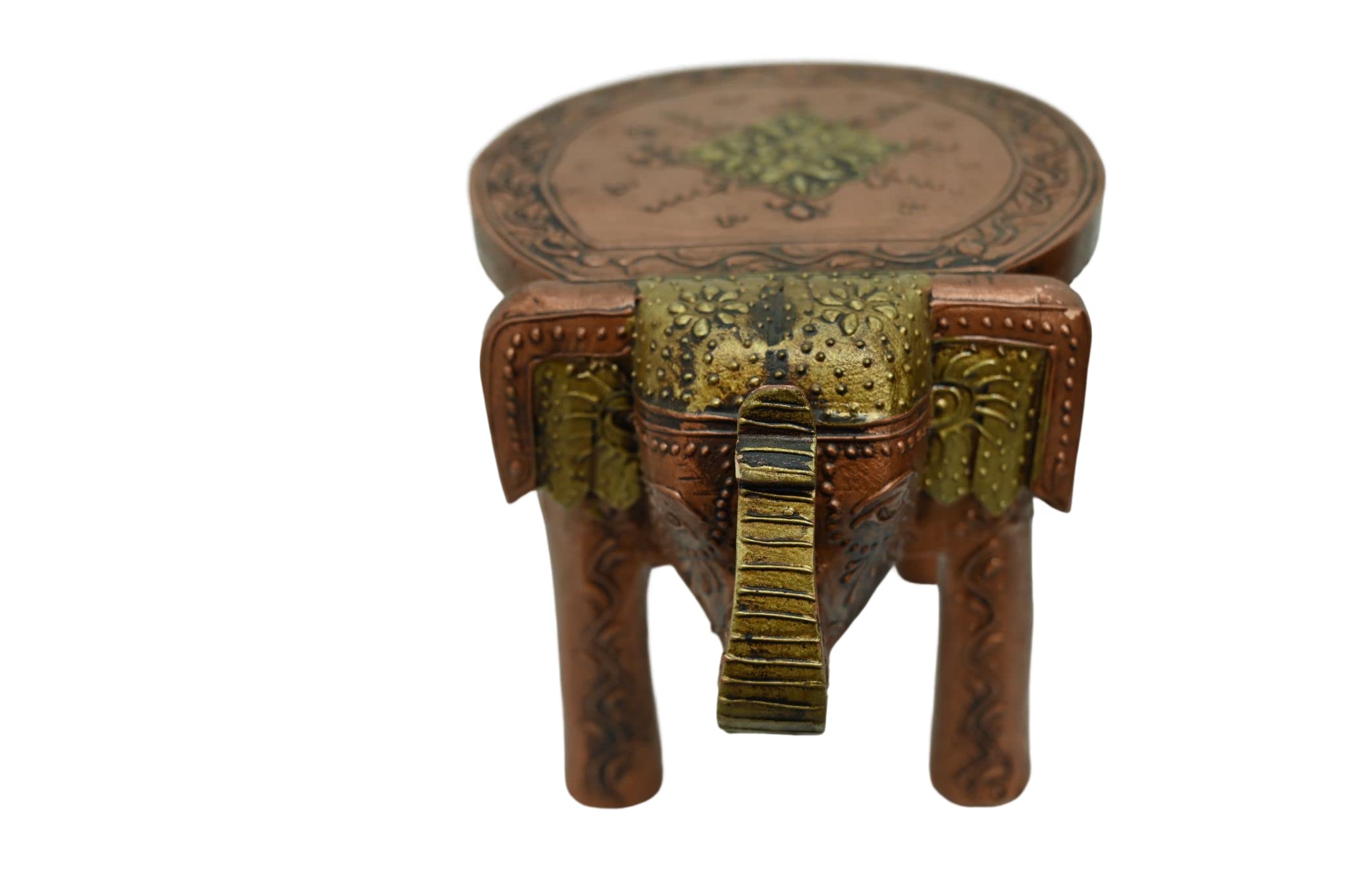 ISHARAA Home Decor Wooden Elephant shape stool Hand Painted by Jodhpuri Artisans (Small, Copper and Golden)