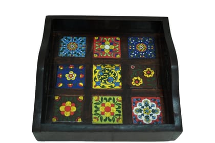 ISHARAA Home Decor Small Wooden Tray with Tile Base