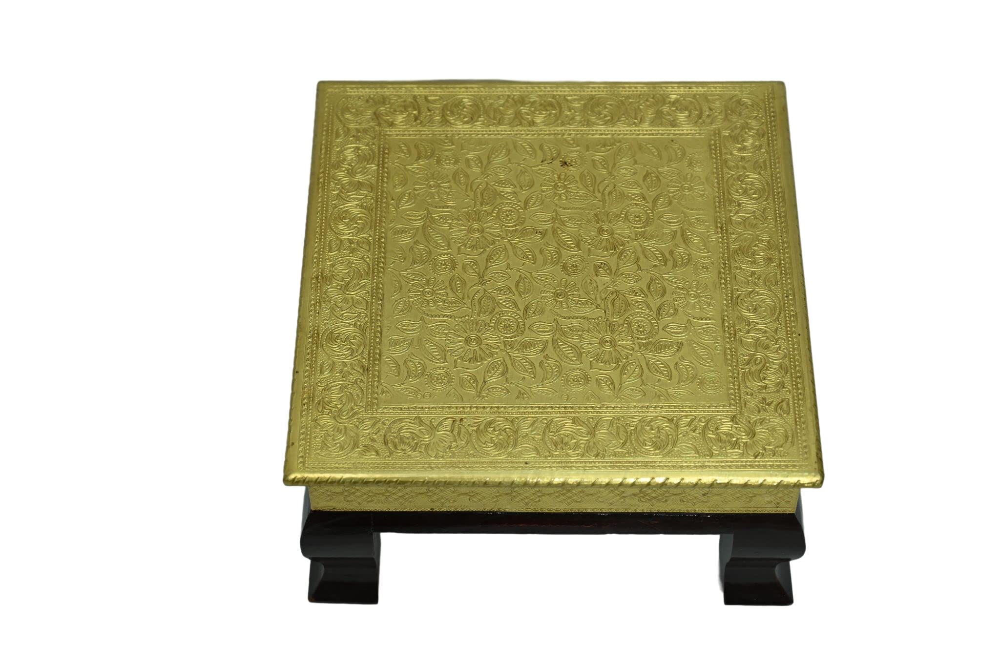 Wooden Bajoth - Pooja Chowki with Brass art work on top and Curved Legs best for festival session