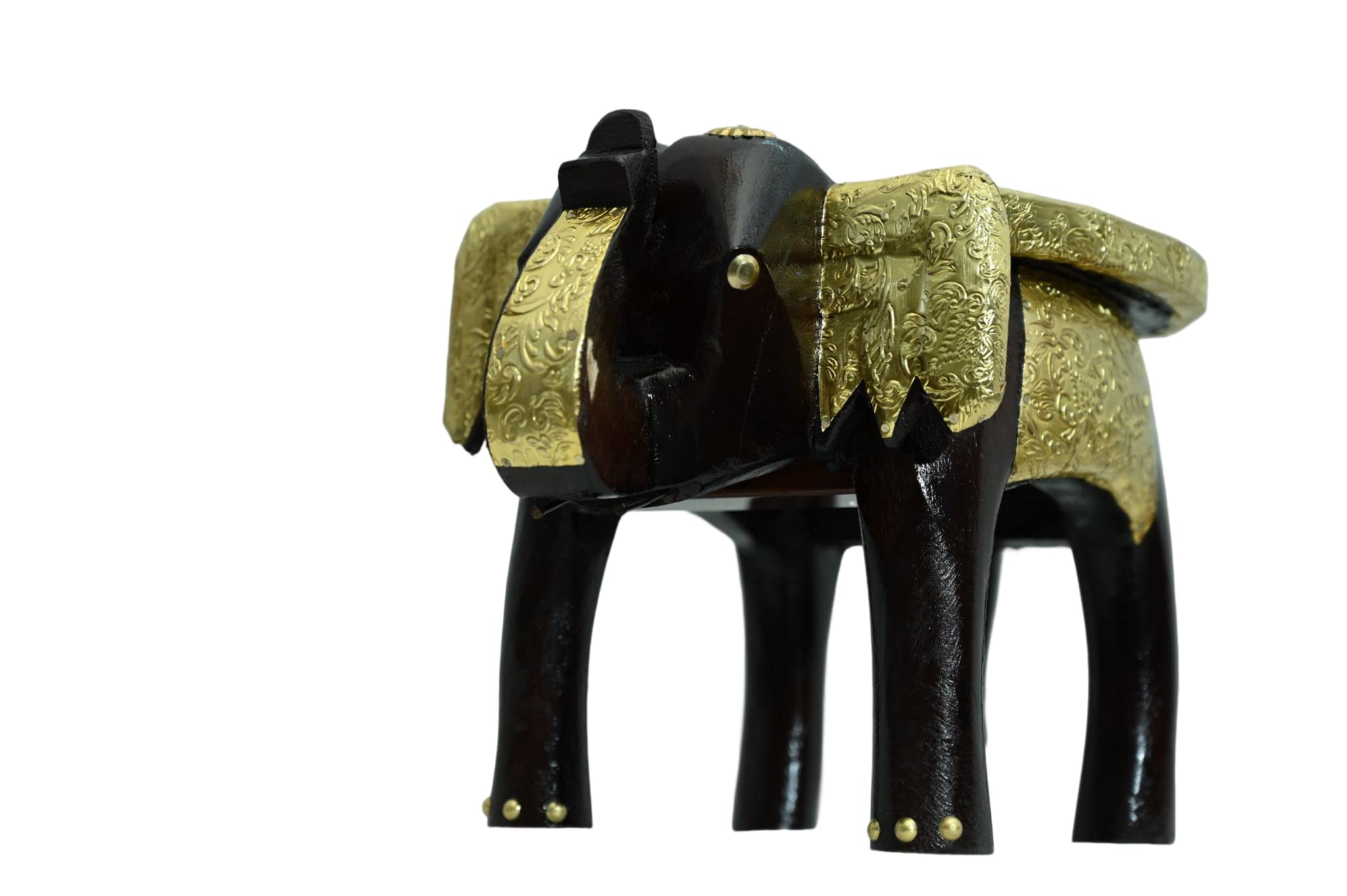 ISHARAA Home Decor Small Durable polished wooden Handcrafted Elephant shape decorative Stool Wood and Brass fitted on it