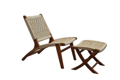 Orchid Homez Hand Woven Lounge Chair Solid Wood Outdoor Chair with Stool (Natural, Pre-Assembled) (Off White)