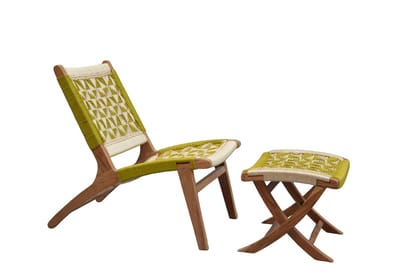 Orchid Homez Hand Woven Lounge Chair Solid Wood Outdoor Chair with Stool (Natural, Pre-Assembled) (Off-White-Green)