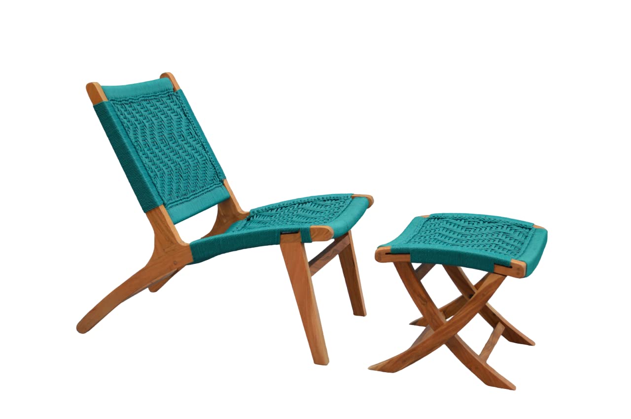 Orchid Homez Hand Woven Lounge Chair Solid Wood Outdoor Chair with Stool (Natural, Pre-Assembled) (Sea -Green)
