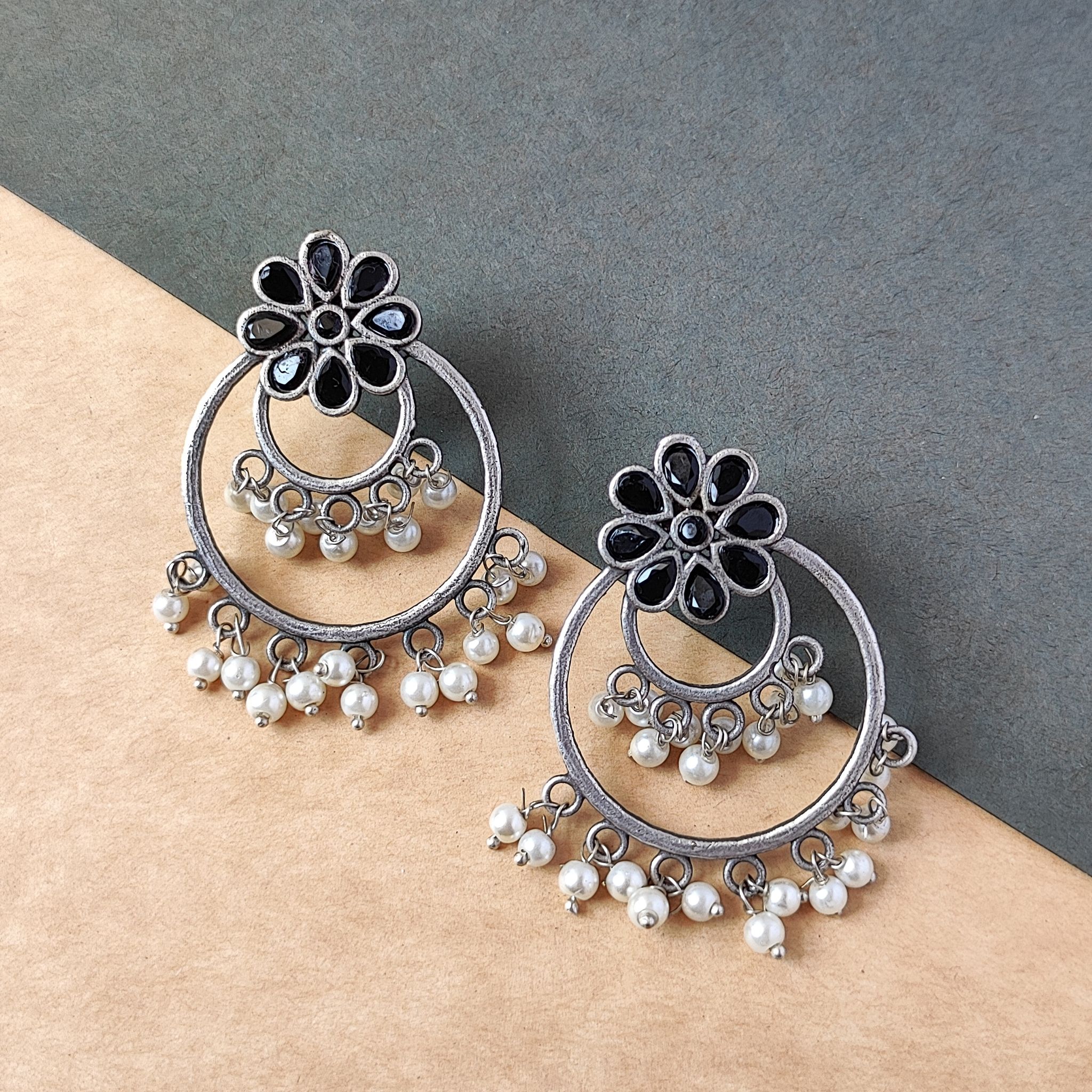 Trendy Silver Look Alike Oxidized Chandbali Earrings