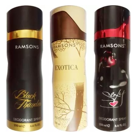 1 RAMSONS SEXY HEART DEODORANT SPRAY 200 ML+1 RAMSONS EXOTICA DEODORANT SPRAY 200 ML+1 RAMSONS BLACK THUNDER DEODORANT SPRAY 200 ML