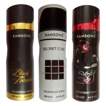 1 RAMSONS BLACK THUNDER DEODORANT SPRAY 200 ML+1 RAMSONS SEXY HEART DEODORANT SPRAY 200 ML+1 RAMSONS SECRET CODE DEODORANT SPRAY 200 ML