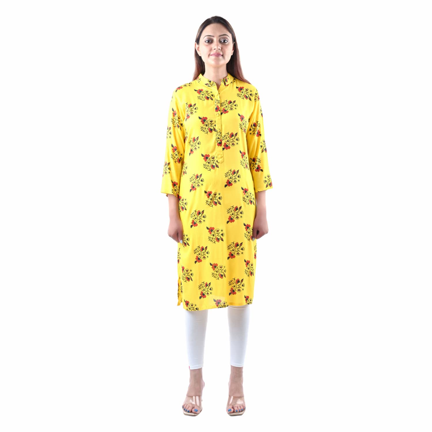 Soft Cotton Fabric Round Collar Hand Block Printing Kurti Color- Yellow