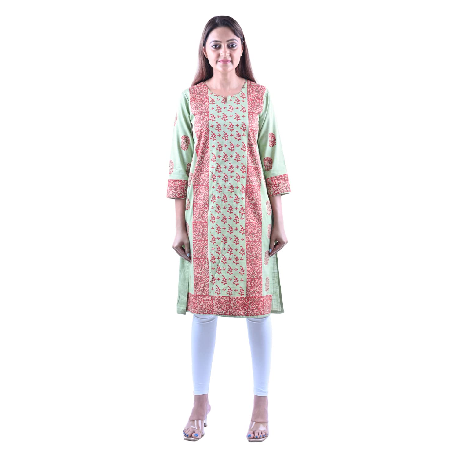 falah Handicrafts Society Women's Cotton Fabric Moonga Zari Hand Made Kurti (FHS/KU/23/03) Light Green