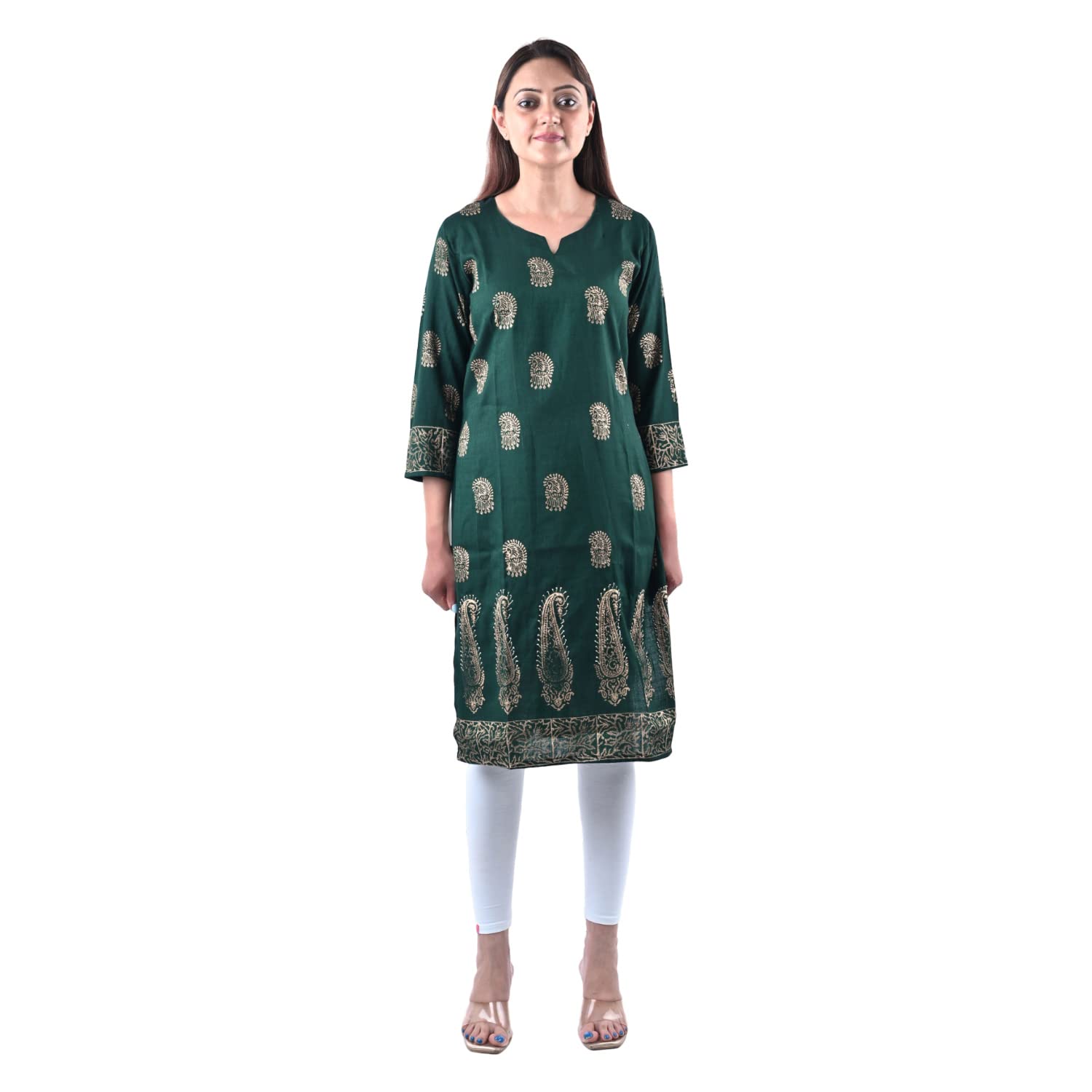 falah Handicrafts Society Women's Rayon Cotton Mix Fabric Slint Stylish Hand Block Printed Kurti (FHS/KU/23/08-L) Green