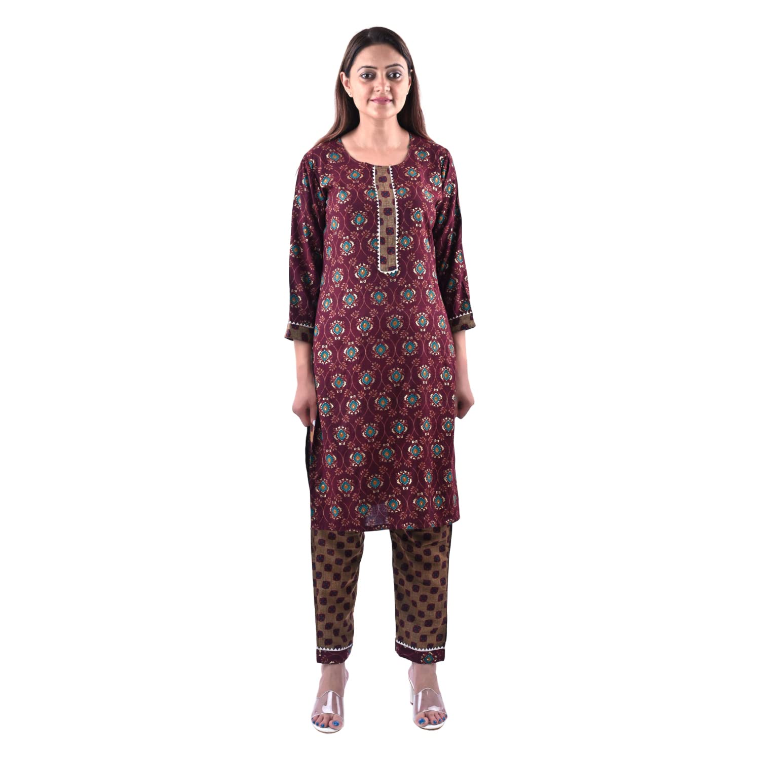 Women's Rayon Cotton Mix Fabric Block Printing and Zari Work Kurti Pant Set Color Maroon