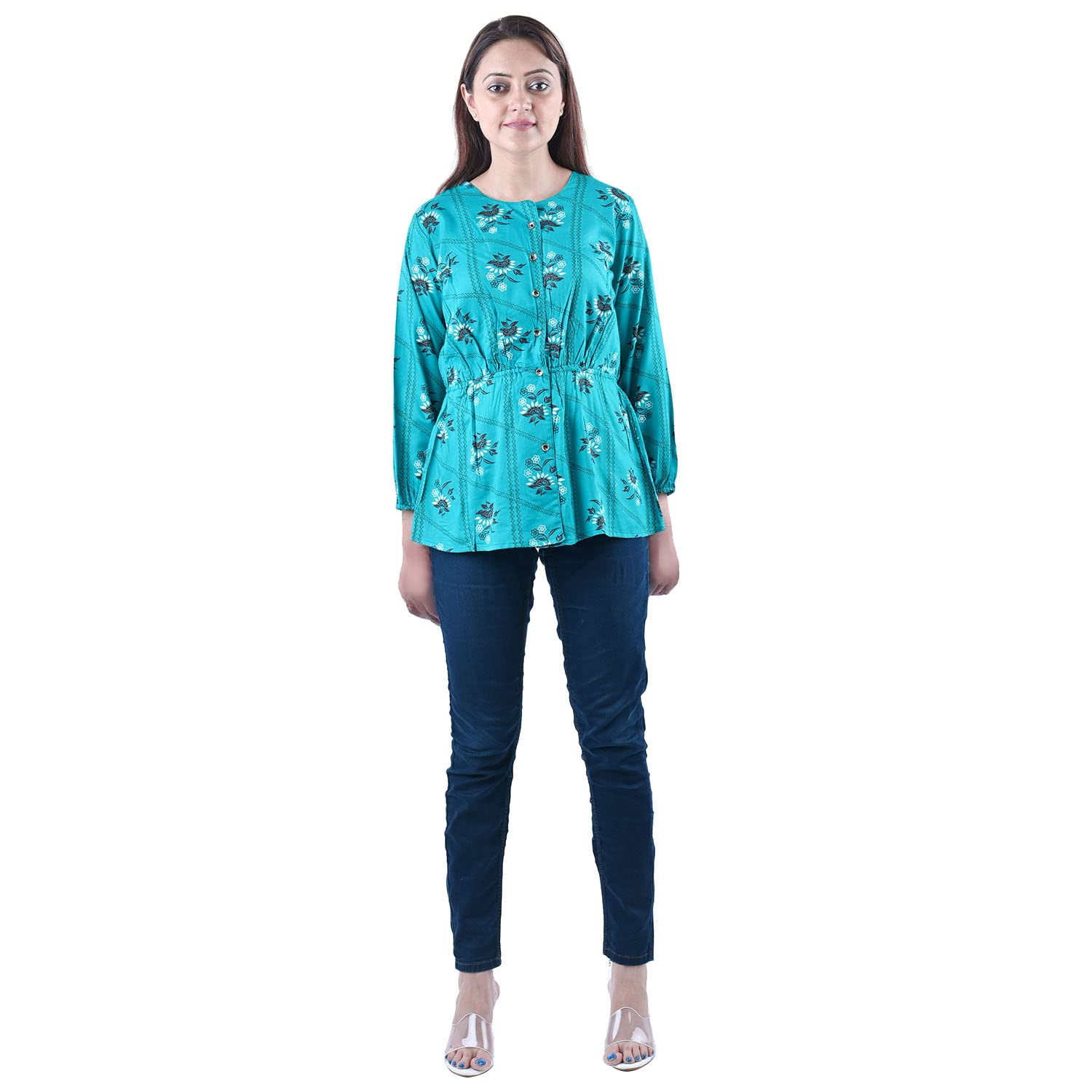 Women's Cotton Rayon Fabric Sangneri Block Printed Causal Frill A- Line Top