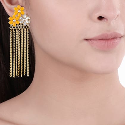 Chain Dangler Indo Western Drop Crystal Yellow Beads Earrings.