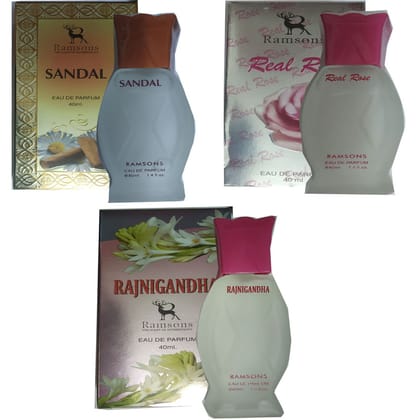 1 RAMSONS SANDAL PERFUME 40 ML+ 1 RAMSONS RAJNIGANDHA PERFUME 40 ML+ 1 RAMSONS REAL ROSE PERFUME 40 ML