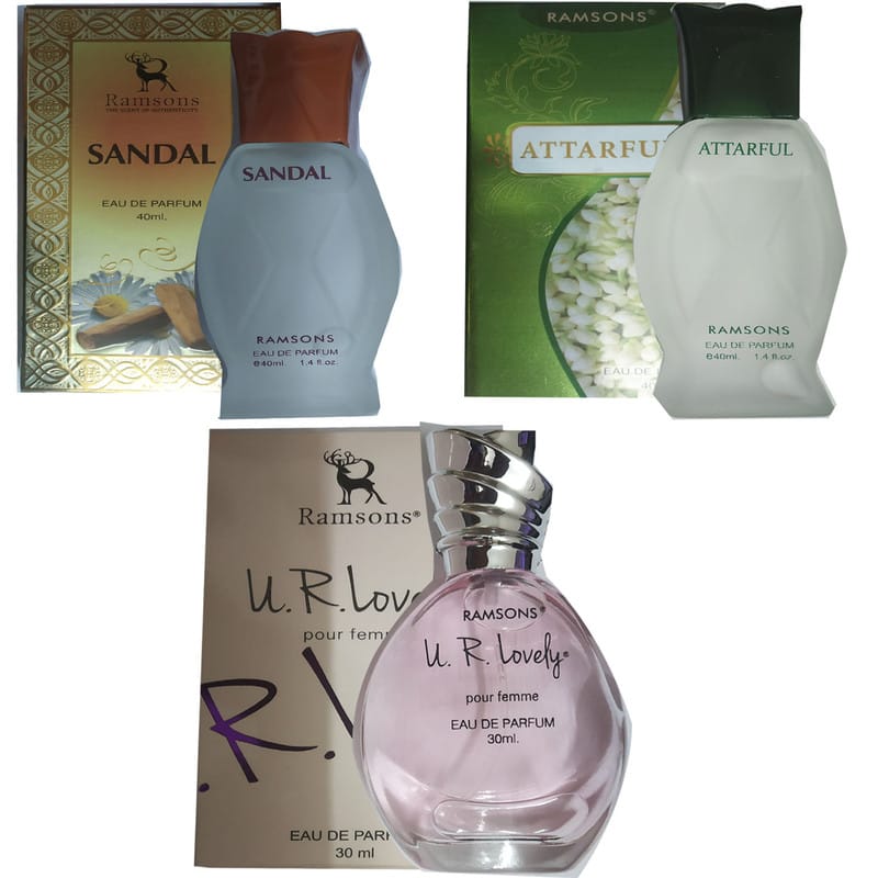 1 RAMSONS SANDAL PERFUME 40 ML+ 1 RAMSONS U R LOVELY PERFUME 30 ML+ 1 RAMSONS ATTARFUL PERFUME 40 ML