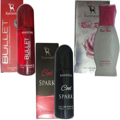 1 RAMSONS BULLET PERFUME 40 ML+ 1 RAMSONS COOL SPARK PERFUME 40 ML+ 1 RAMSONS REAL ROSE PERFUME 40 ML