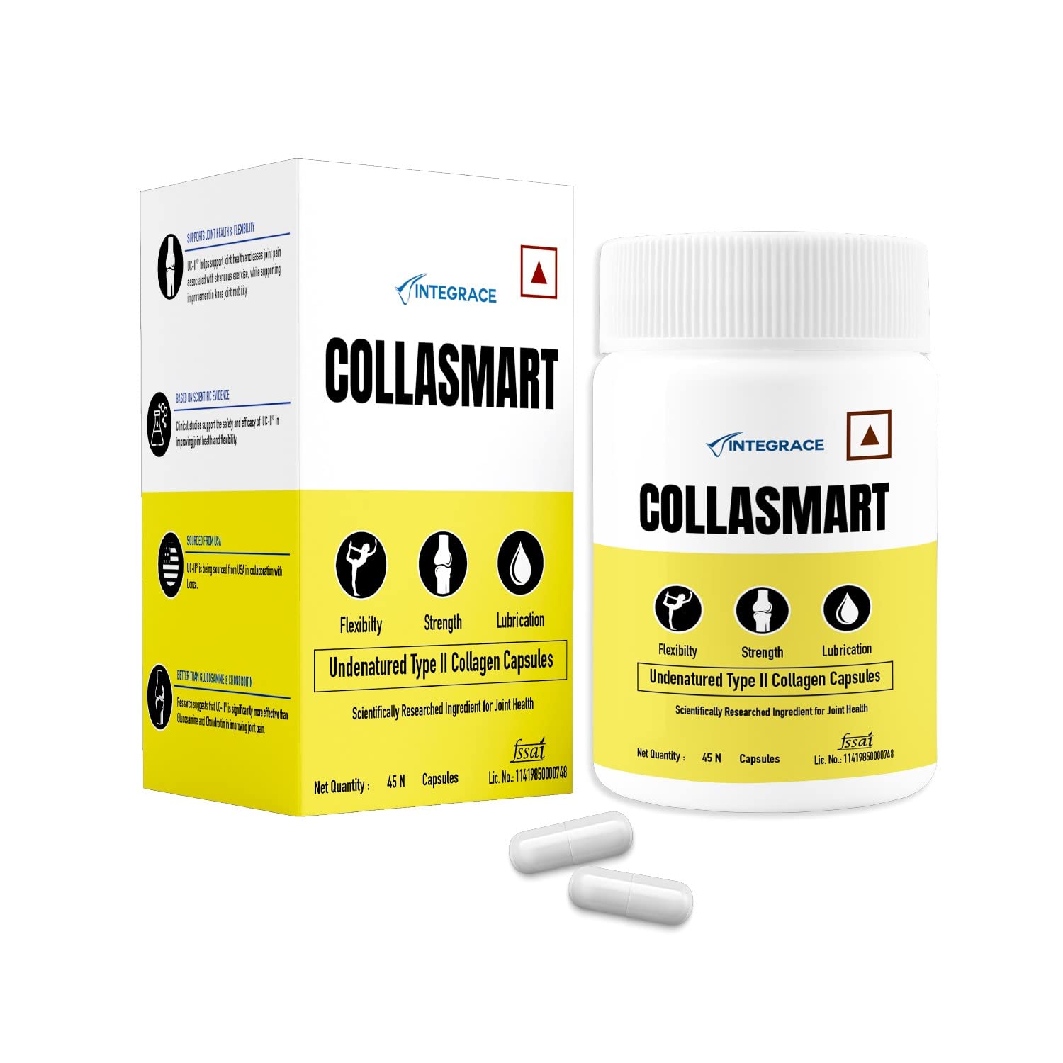 Collasmart UC-II Undenatured Type II Collagen Capsules | 45 Capsules (Pack of 1) | Daily Collagen Protein Supplement for Men and Women | Sourced from USA | Promotes Cartilage Repair | Strengthens and Lubricates Joints