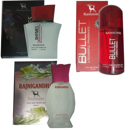 1 RAMSONS BULLET PERFUME 40 ML+ 1 RAMSONS RAJNIGANDHA PERFUME 40 ML+ 1 RAMSONS RHYMES PERFUME 40 ML