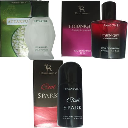 1 RAMSONS ATTARFUL PERFUME 40 ML+ 1 RAMSONS MIDNIGHT PERFUME 40 ML+ 1 RAMSONS COOL SPARK PERFUME 40 ML