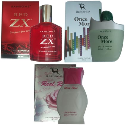 1 RAMSONS REAL ROSE PERFUME 40 ML+ 1 RAMSONS ONCE MORE PERFUME 40 ML+ 1 RAMSONS RED ZX PERFUME 30 ML