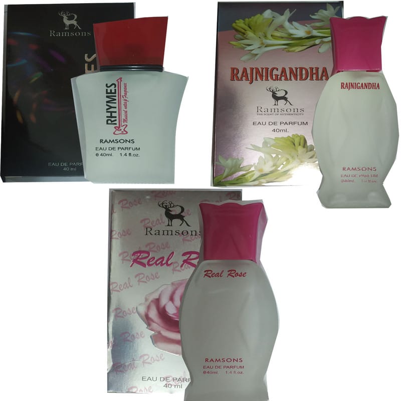 1 RAMSONS RHYMES PERFUME 40 ML+ 1 RAMSONS RAJNIGANDHA PERFUME 40 ML+ 1 RAMSONS REAL ROSE PERFUME 40 ML