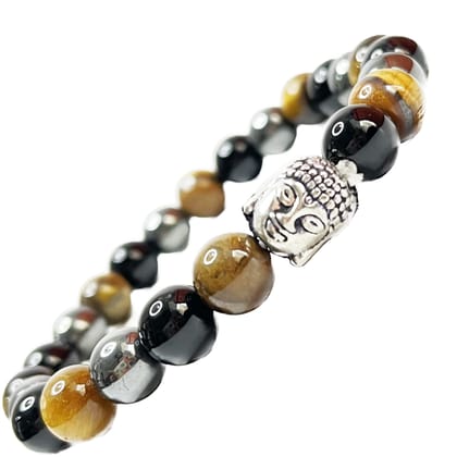 KITREE PROTECTION CRYSTAL BRACELET 8MM ROUND WITH BUDDHA CHARMS FOR UNISEX (STONE - TIGER'S EYE, BLACK TOURMALINE, HEMATITE) (MULTI COLOR)