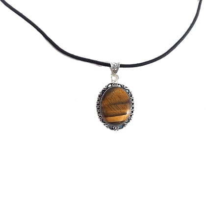 KITREE NATURAL TIGER'S EYE CRYSTAL OVAL SHAPE PENDENT WITH BLACK THREAD FOR GIRLS AND WOMENS (COLOR YELLOW) (Design 1)