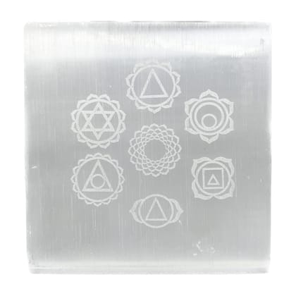 KITREE Natural Selenite Charging Engraved Symbol Squares Plate for Reiki Healing and Fengshui Crystal 7.5 x 7.5 Centimeters (Weight 95 GMS) (Shape Square) (Color White) (7 Chakras)
