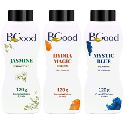 Bgood | Talcum Powder- Jasmine, Hydra Magic, Mystic Blue - 120gm x 3 - Pack of 3 , Body & Face Talc Powder for Women & Men Combo Offer Powder Deodorant Talc | All Day Fragrance for All Skin Type Buy 1 Get 1 Free