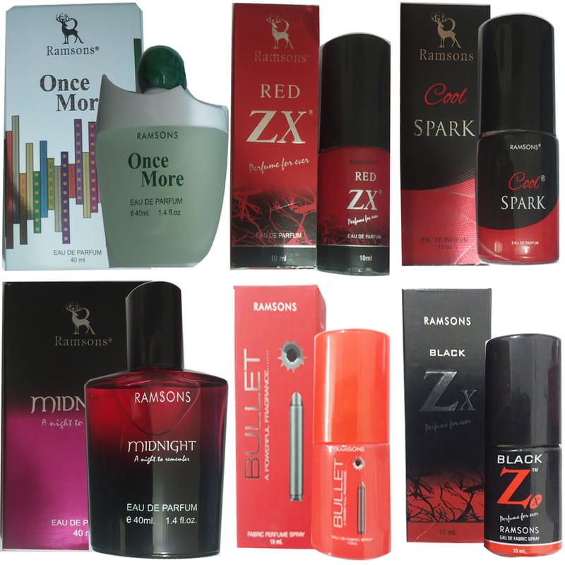 1 RAMSONS MIDNIGHT PERFUME 40 ML+1 RAMSONS ONCE MORE PERFUME 40 ML+1 RAMSONS RED ZX PERFUME 10 ML+1 RAMSONS COOL SPARK PERFUME 10 ML+1 RAMSONS BLACK ZX PERFUME 10 ML+1 RAMSONS BULLET PERFUME 10 ML