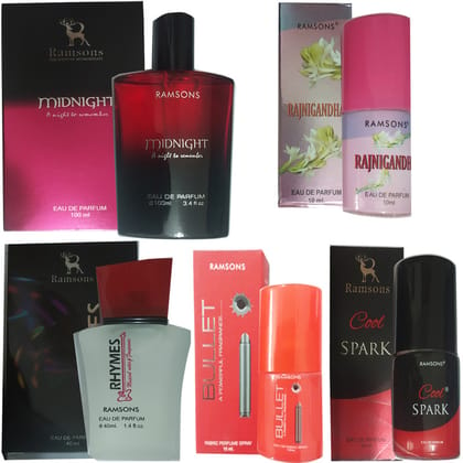 1 RAMSONS MIDNIGHT PERFUME 100 ML+1 RAMSONS RHYMES PERFUME 40 ML+1 RAMSONS BULLET PERFUME 10 ML+1 RAMSONS RAJNIGANDHA PERFUME 10 ML+1 RAMSONS COOL SPARK PERFUME 10 ML