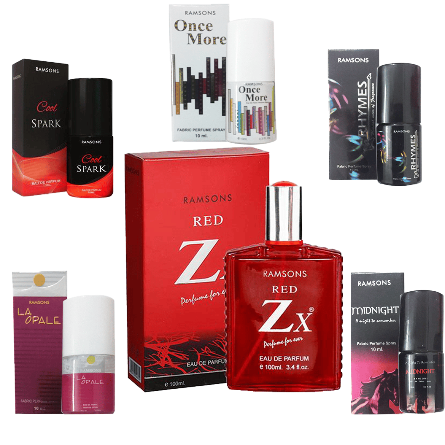 1 RAMSONS RED ZX PERFUME 100 ML+1 RAMSONS ONCE MORE PERFUME 10 ML+1 RAMSONS RHYMES PERFUME 10 ML+1 RAMSONS LA OPALE PERFUME 10 ML+1 RAMSONS MIDNIGHT PERFUME 10 ML+1 RAMSONS COOL SPARK PERFUME 10 ML