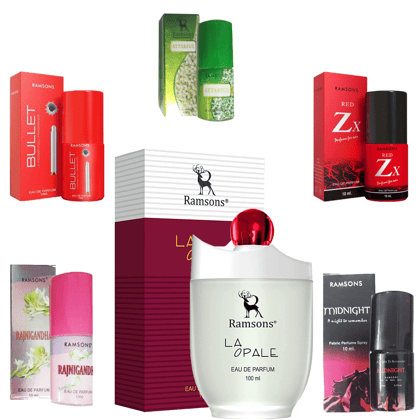 1 RAMSONS LA OPALE PERFUME 100 ML+1 RAMSONS MIDNIGHT PERFUME 10 ML+1 RAMSONS RAJNIGANDHA PERFUME 10 ML+1 RAMSONS ATTARFUL PERFUME 10 ML+1 RAMSONS RED ZX PERFUME 10 ML+1 RAMSONS BULLET PERFUME 10 ML