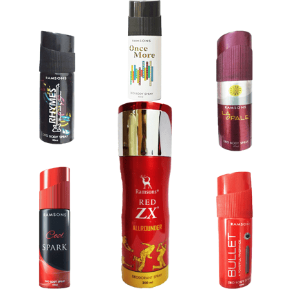 1 RAMSONS RED ZX ALL ROUNDER DEODORANT 200 ML+1 RAMASONS RHYMES DEODORANT 40 ML+1 RAMASONS ONCE MORE DEODORANT 40 ML+1 RAMASONS COOL SPARK DEODORANT 40 ML+1 RAMASONS LA OPALE DEODORANT 40 ML+1 RAMASONS BULLET DEODORANT 40 ML