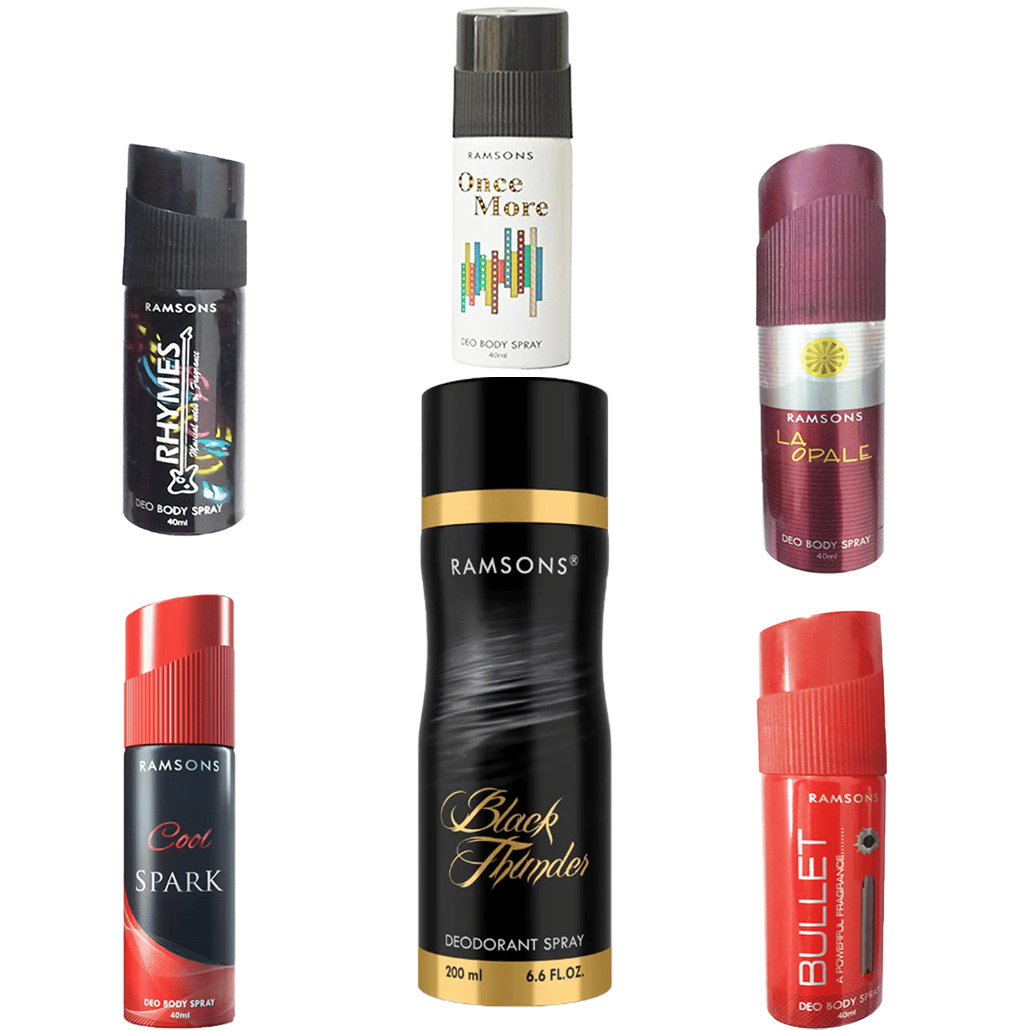 1 RAMSONS BLACK THUNDER DEODORANT 200 ML+1 RAMASONS RHYMES DEODORANT 40 ML+1 RAMASONS ONCE MORE DEODORANT 40 ML+1 RAMASONS COOL SPARK DEODORANT 40 ML+1 RAMASONS LA OPALE DEODORANT 40 ML+1 RAMASONS BULLET DEODORANT 40 ML