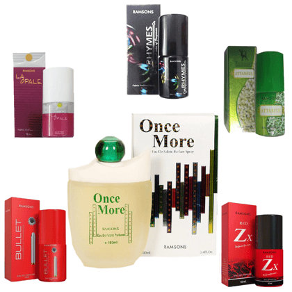 1 RAMSONS ONCE MORE PERFUME 100 ML+1 RAMSONS RHYMES PERFUME 10 ML+1 RAMSONS BULLET PERFUME 10 ML+1 RAMSONS RED ZX PERFUME 10 ML+1 RAMSONS ATTARFUL PERFUME 10 ML+1 RAMSONS LA OPALE PERFUME 10 ML