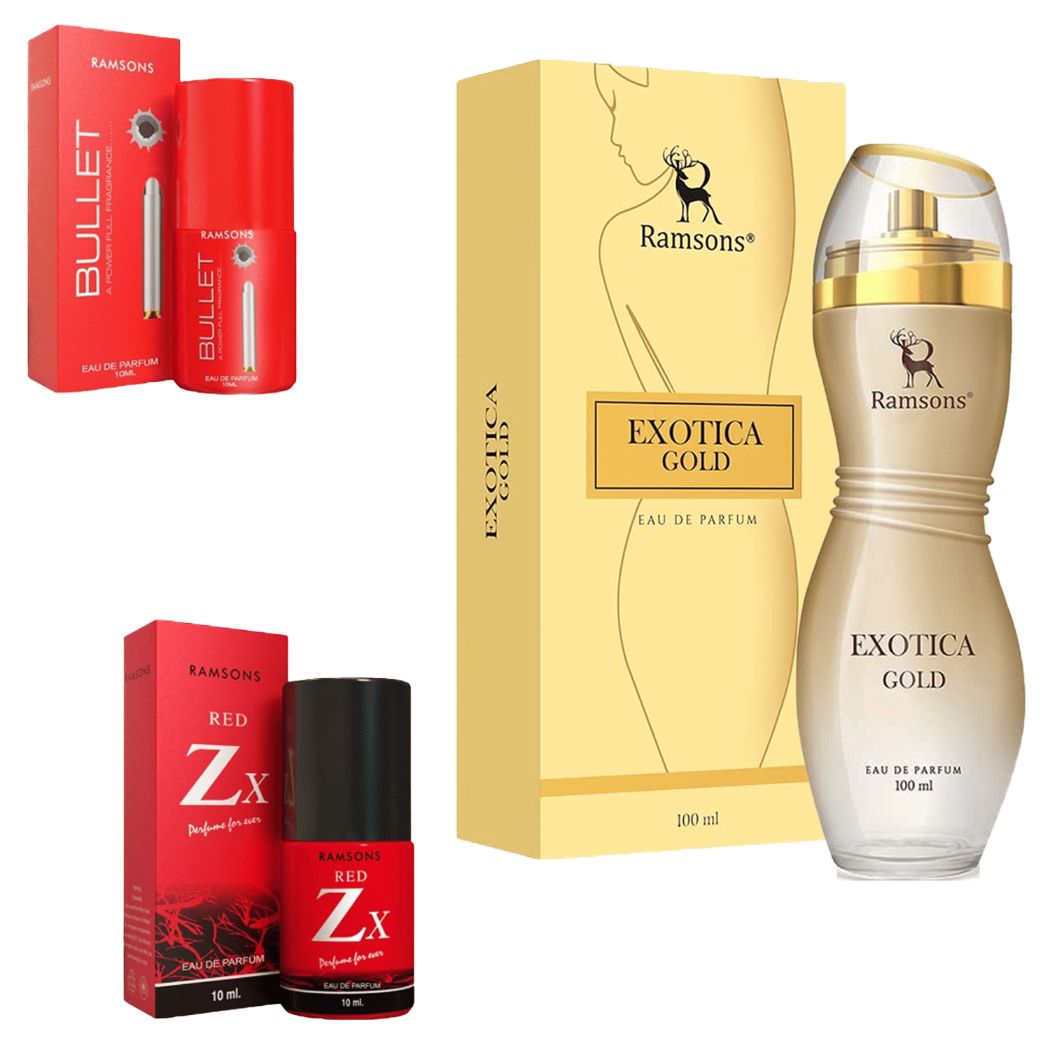 1 RAMSONS EXOTICA GOLD PERFUME 100 ML+1 RAMSONS RED ZX PERFUME 10 ML+1 RAMSONS BULLET PERFUME 10 ML