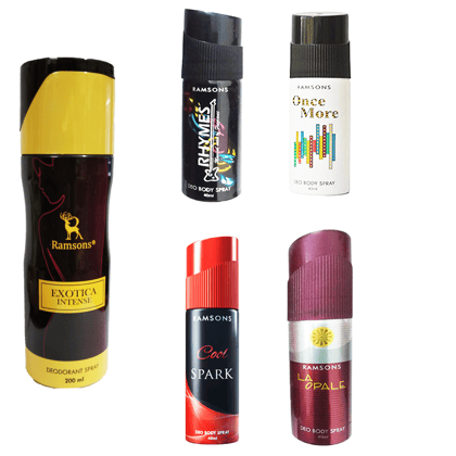 1 RAMSONS EXOTICA INTENSE DEODORANT 200 ML+1 RAMASONS RHYMES DEODORANT 40 ML+1 RAMASONS ONCE MORE DEODORANT 40 ML+1 RAMASONS LA OPALE DEODORANT 40 ML+1 RAMASONS COOL SPARK DEODORANT 40 ML