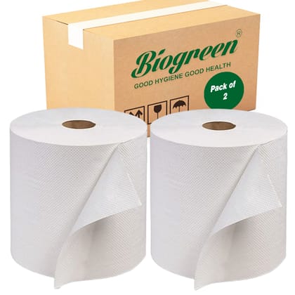 Biogreen || HRT Paper Towel || Fast drying || Highly absorbent ||150 Meters per roll - pack of 2 Universal size Compatible with all dispensers | Roll Diameter 16cm
