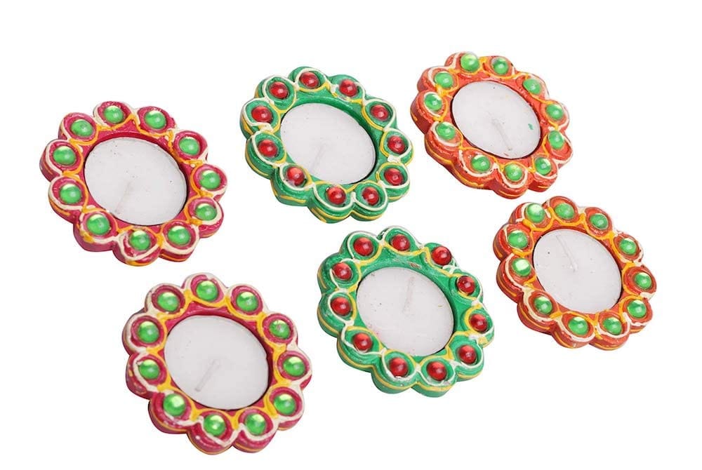 Dbeautify Unscented Traditional Handmade Diya with Candles, Set of 6 Diyas