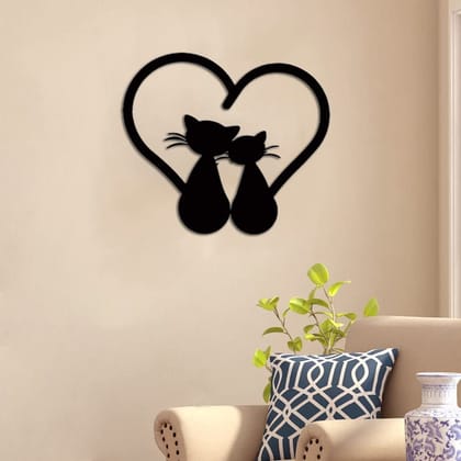 Dbeautify Beautiful Cat and Heart Shape Design MDF Wooden Wall Hanging for Bedroom Decoration in Black Color Size: 10.5x12 Inches