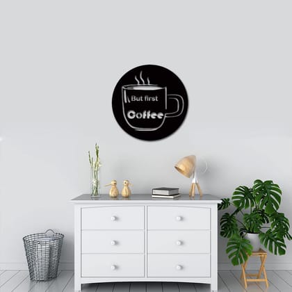 Dbeautify Beautiful Coffee Design Round Shape MDF Wooden Wall Art Hanging for Home & Office Decoration in Black Color Size: 12 Inches