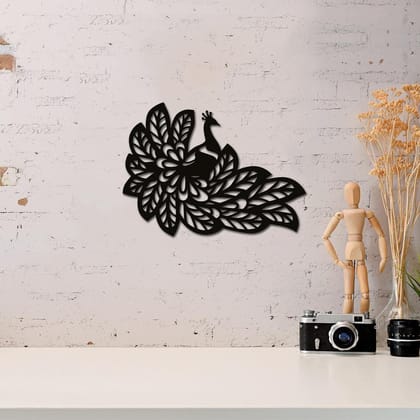 Dbeautify Beautiful Peacock Design MDF Wooden Modern Wall Art Hanging for Living Room Bedroom & Office Decoration in Black Color Size 12 Inches