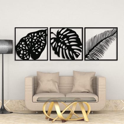 Dbeautify Leaf Design MDF Wooden Modern Wall Art Hanging for Living Room Bedroom & Office Reception Area Decoration in Black Color Size 12 Inches Set of 3 Pieces