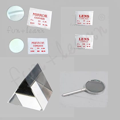 FUN + LEARN 50mm Premium Glass Concave and Convex Mirror + 50mm Premium Optical Glass Double Concave and Convex Lens + 50mm Prism + Magnifying Glass for DIY Experiments