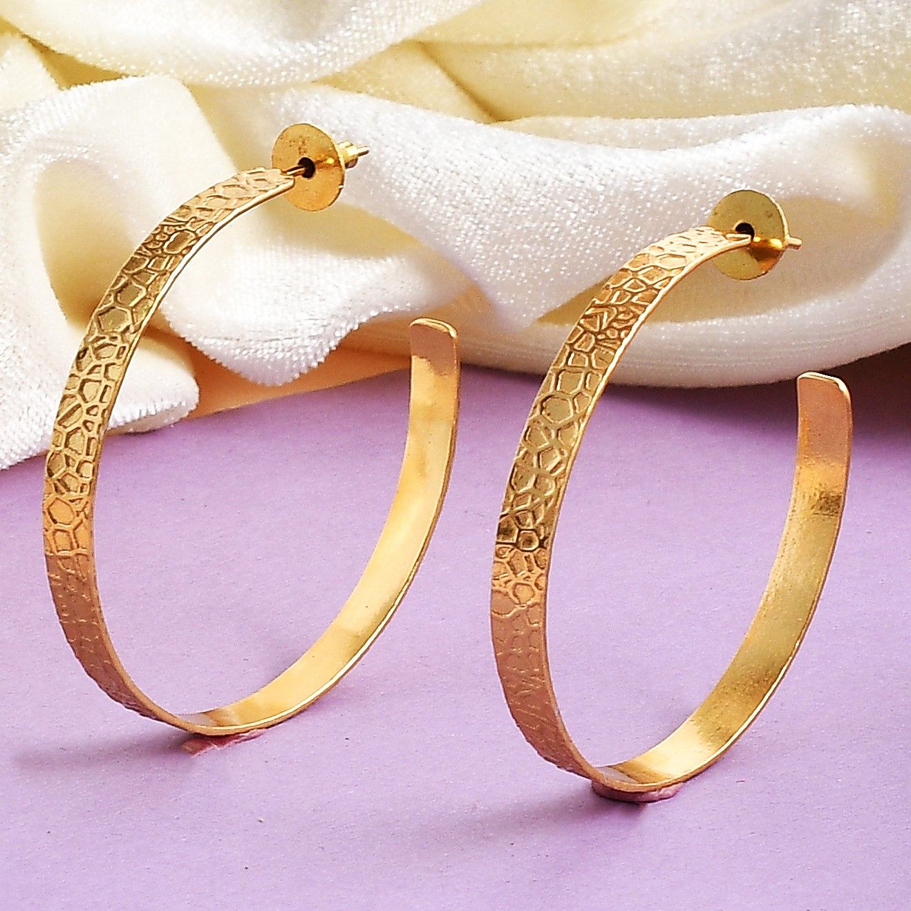 Wide Textured Hoops Earrings Skin Friendly, Gold Plated