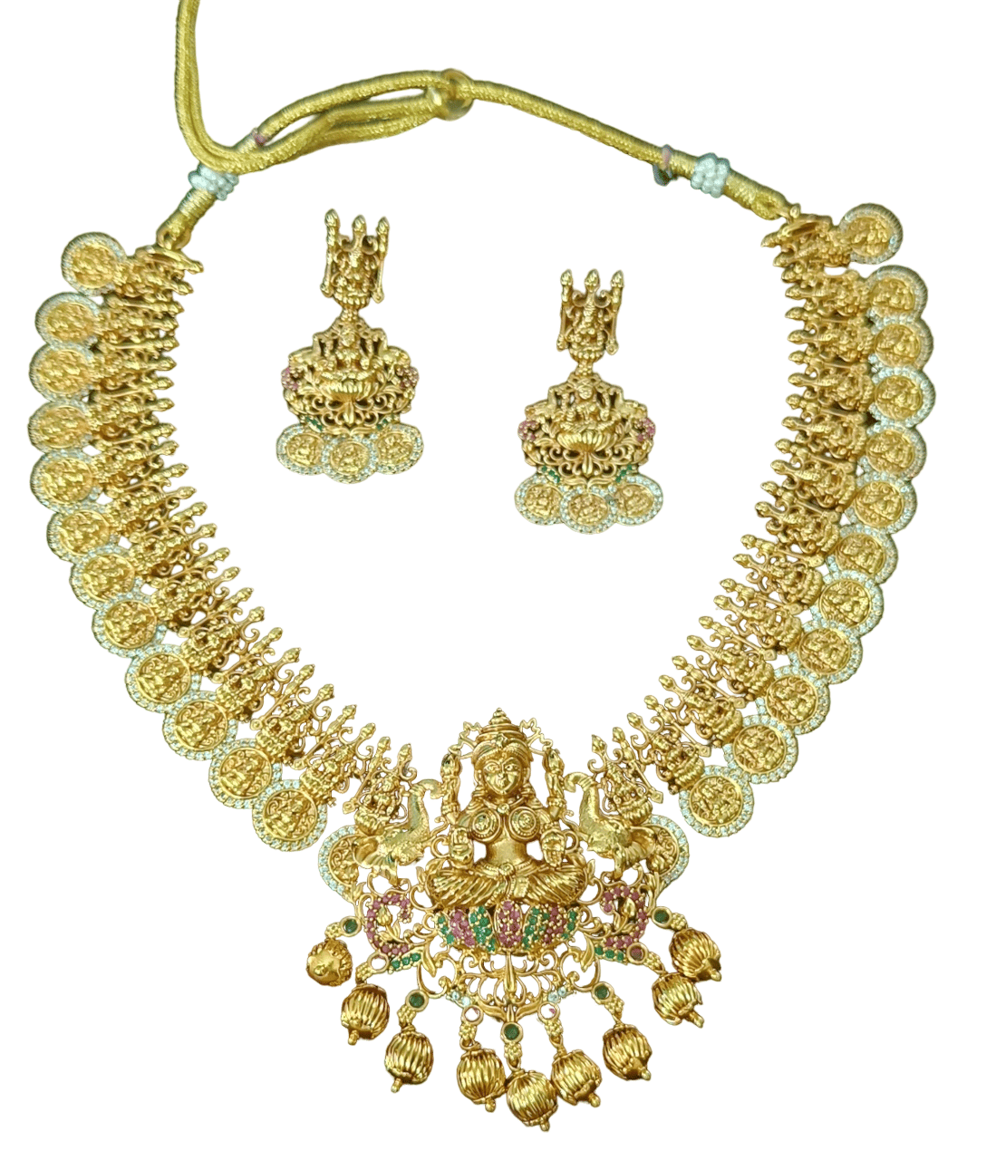 Nakshi Short Necklace in Gold Finish in Traditional Kasu Mala Concept Paired with Matching Earrings