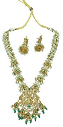 Long Pearl Haram With Big Lakshmi Pendent Paired with Heavy Jhumkas Embedded with Pearls