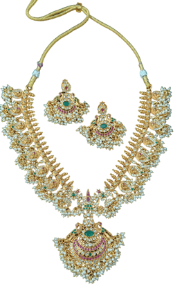 Nakshi Guthapusalu Necklace with Mango Droplet with lots of Pearls, Ruby, Emerald and White stone and a Pair of Earrings