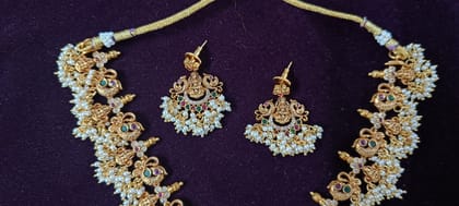 Nakshi Guthapusalu Short Necklace Set with Matching Earrings in Gold Finish