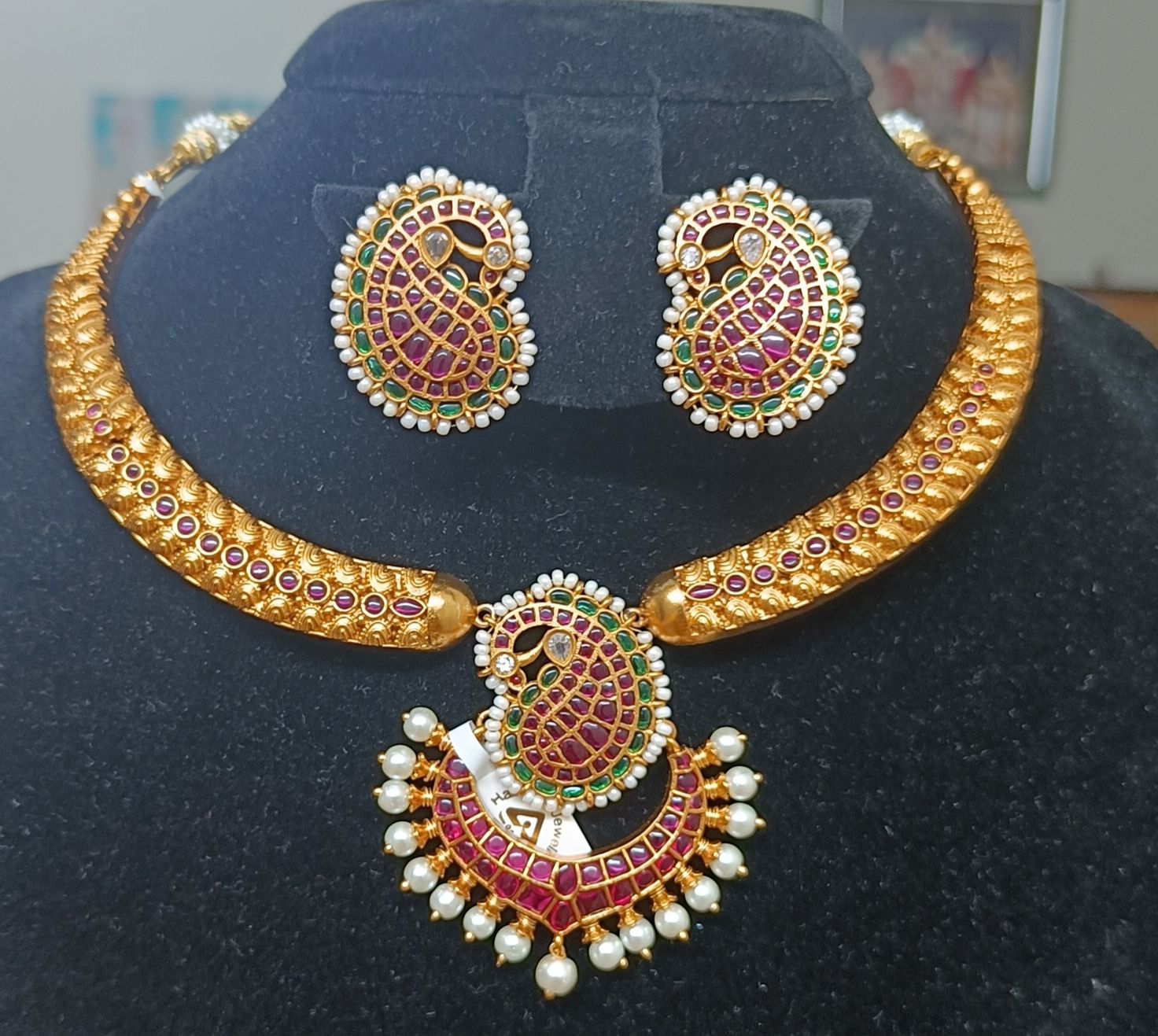 Nakshi Kanti Mala Necklace Chain Gold Finish for Women Paired with Big Mango Studs with Pushback Buttons